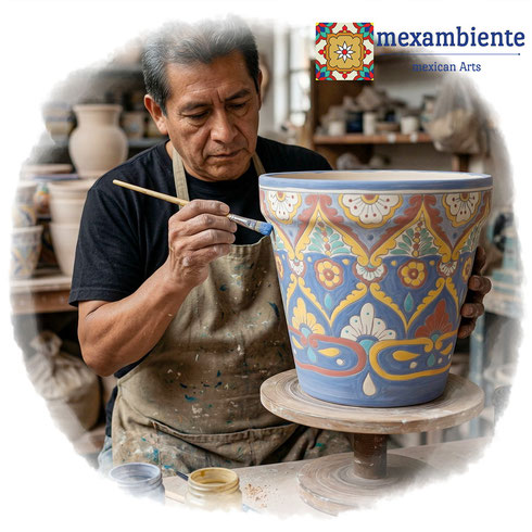 Mexikanischer Kunsthandwerker bemalt einen großen Blumentopf aus Keramik im Talavera Stil in Handarbeit, traditionelle Herstellung in Mexiko