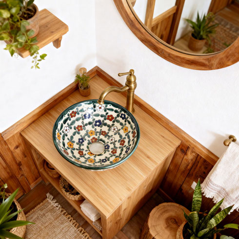 Holzwaschtisch mit handbemaltem Waschbecken aus Mexiko FLORAL