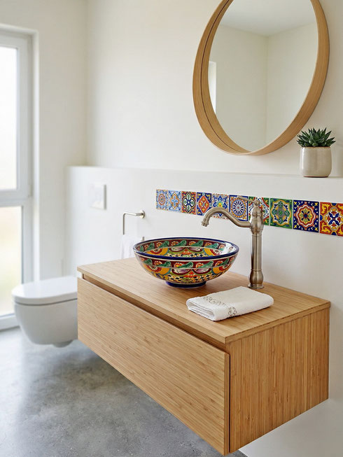 Gäste-WC mit Talavera-Fliesen und bunt bemaltem Waschbecken aus Mexiko von mexambiente