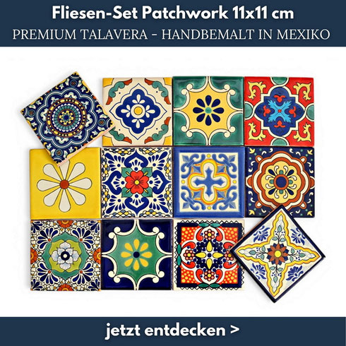 Premium mexikanische Fliesen 11×11 cm im Patchwork Set – handbemalte Talavera Fliesen aus Mexiko, farbenfroh und hochwertig