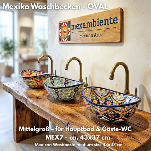 Mexikanische Waschtische in ovaler Form mit handbemalten Designs im Talavera-Stil