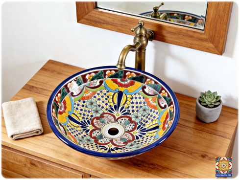 Mexikanisches Waschbecken als Aufsatzwaschbecken MEX5, ca. 44 cm – Statement fürs Hauptbad, handbemalt und glasiert