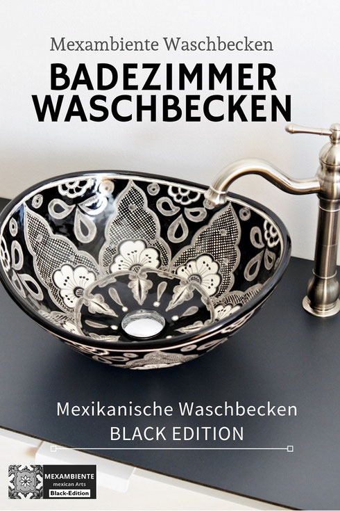 Mexiko Waschbecken Talavera Muster in Schwarz-Weiß (Black edition)