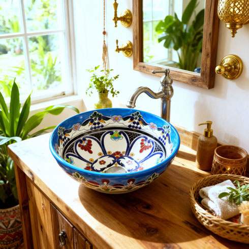 Badezimmer im Boho-Stil mit Mexiko Waschbecken TULUM in türkis von Mexambiente