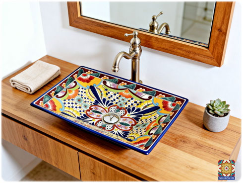 Mexikanisches Waschbecken als rechteckiges Aufsatzwaschbecken MEX6, 54×36 cm – modern fürs Hauptbad, Talavera handbemalt