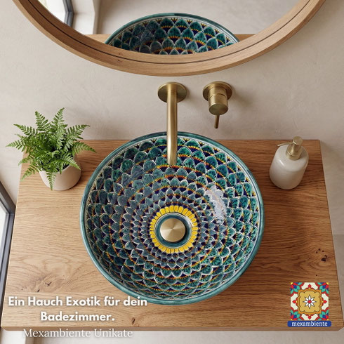 Handbemaltes mexikanisches Waschbecken MEX3 Pavo Verde in Grün, runde Talavera Keramik auf Holzkonsole mit goldener Armatur