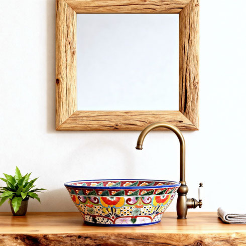 Holzwaschtisch Rustikales Ambiente mit Mexiko Waschbecken FRIEDA mit buntem Design