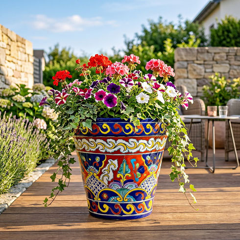 Großer mexikanischer Übertopf aus Keramik (34 cm) TALAVERA C, handbemalter Blumentopf für Innenbereich oder Terrasse