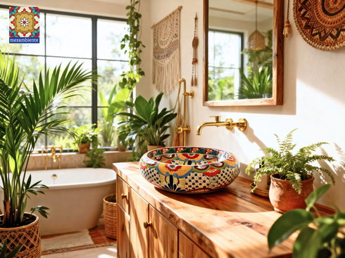 Boho Badezimmer mit Mexiko Waschbecken FRIEDA handbemaltes Unikat
