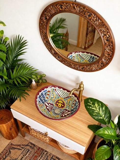 Boho Badezimmer mit Aufsatzwaschbecken aus Mexiko ALEGRIA