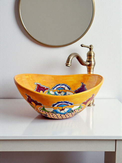 Farbiges Aufsatzwaschbecken aus Mexiko Motiv PUEBLA von Mexambiente Keramik