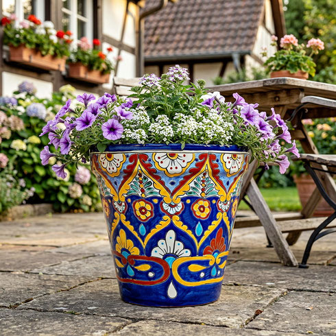 Großes mexikanisches Pflanzgefäß aus Keramik (34 cm) ACAPULCO handbemalt, ideal für Terrasse, Balkon oder Garten
