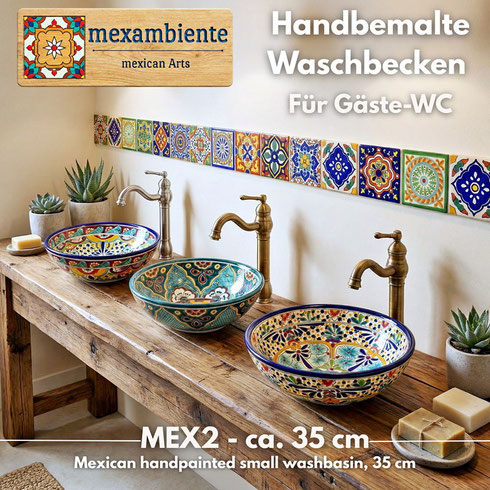 Showroom Mexambiente präsentiert kleine mexikanische Waschbecken und Fliesen mit handbemalten Talavera-Designs.