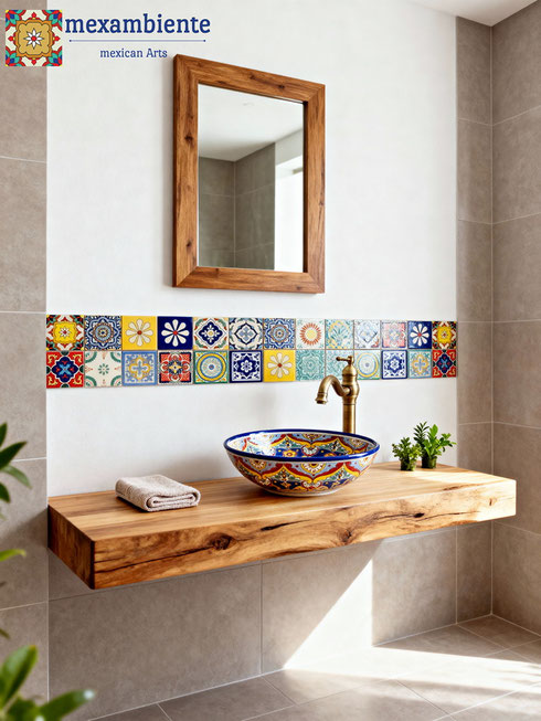 Gäste-WC mit Holzwaschtischplatte und Mexiko Waschbecken ACAPULCO + Talavera Fliesen