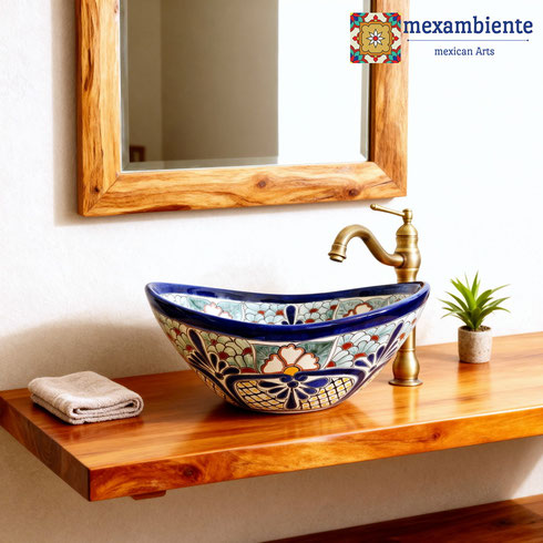 Badezimmer Holzwaschtisch mit ovalem Mexiko Aufsatzwaschbecken Guanajuato mexikanische Keramik