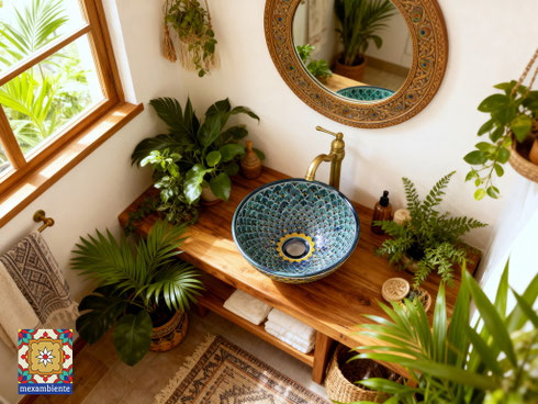 Boho-Stil Badezimmer mit Mexikanischem Waschbecken PAVO VERDE