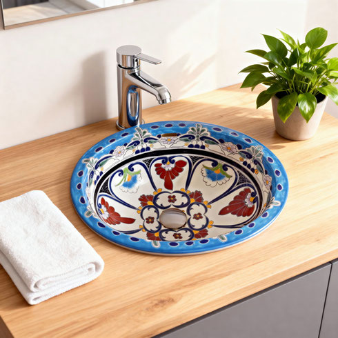 Ovales Einbauwaschbecken Talavera TULUM in Blau-Türkis mit rotem Blumenmuster, auf hellem Holztisch in modernem Bad