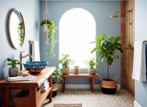 Badezimmer Boho-Stil mit Mexiko Waschbecken TULUM in türkis