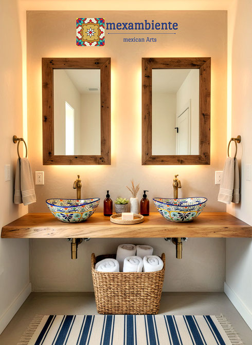 Badezimmer im mexikanischen Stil mit unseren farbenfrohen Fliesen und ovalen Waschbecken.