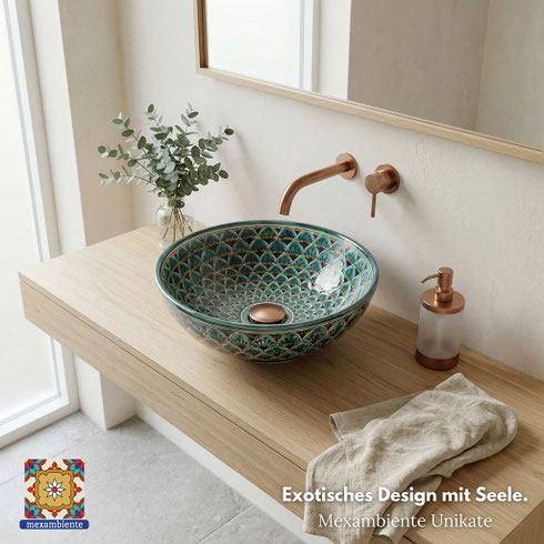 Waschbecken im marokkanischen Stil – MEX3 Pavo Verde mit grün-blauem handbemaltem Muster. Stilvolles Bad mit Wandarmatur.