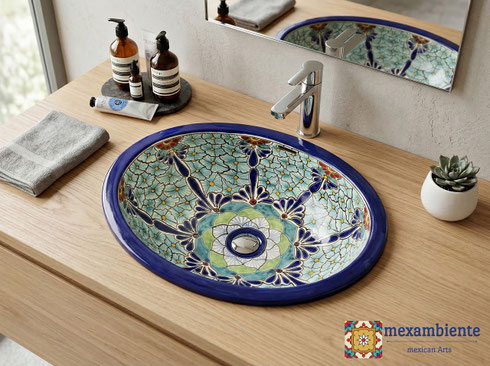 Holzwaschtisch mit eingebautem Keramikwaschbecken im mexikanischen PASION Talavera-Stil