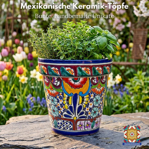 Mexikanischer Keramik-Blumentopf als Pflanzgefäß für den Garten