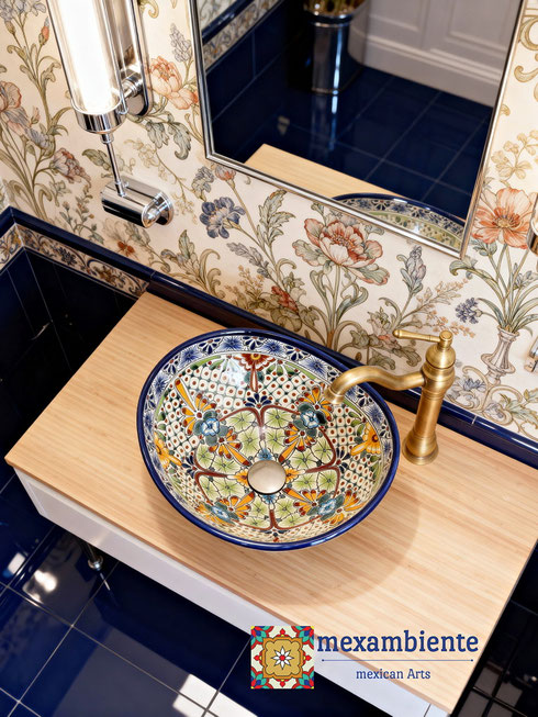 Ovales Talavera Waschbecken AVENTURA, handbemalt aus mexikanischer Keramik, installiert in einem stilvollen Badezimmer mit floralen Tapeten und blauen Fliesen – Mexambiente.