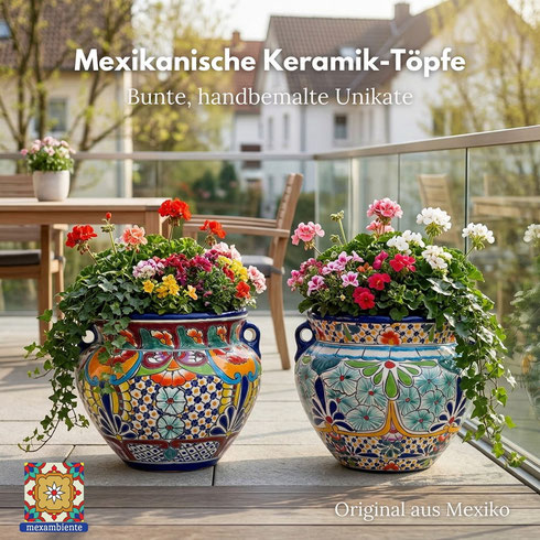 2 Mexambiente bunte Keramik-Übertöpfe für Pflanzen auf der Terrasse