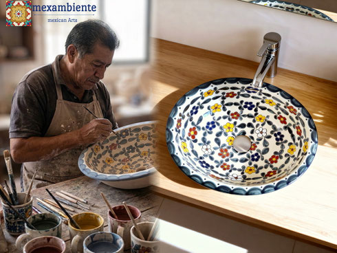 Ein mexikanischer Kunsthandwerker bemalt ein Waschbecken aus Keramik.