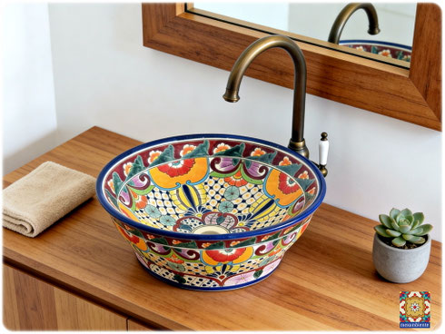 Mexikanisches Waschbecken als Aufsatzwaschbecken MEX4, ca. 42 cm – mehr Präsenz fürs große Gästebad und Hauptbad, Talavera
