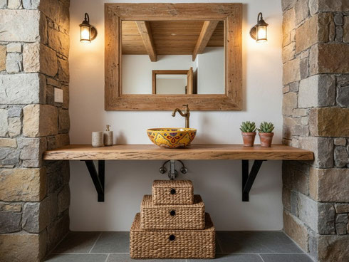Handbemaltes mexikanisches Keramikwaschbecken „Verano Mango“ mit gelb-orangenen Mangomotiven auf rustikaler Holz-Waschtischplatte.