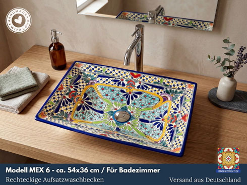 Handbemalte rechteckige mexikanische Aufsatzwaschbecken aus Talavera Keramik von Mexambiente