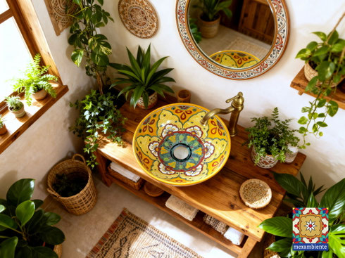 Boho-Stil Badezimmer mit Mexiko Waschbecken Verano Mango von mexambienteAufsatzwaschbecken Verano Mango