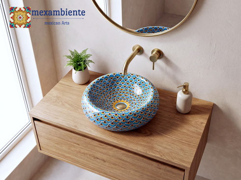 Gäste-WC mit Holzwaschtisch und Marokkanisches Stil Keramik Waschbecken PAVO von Mexambiente