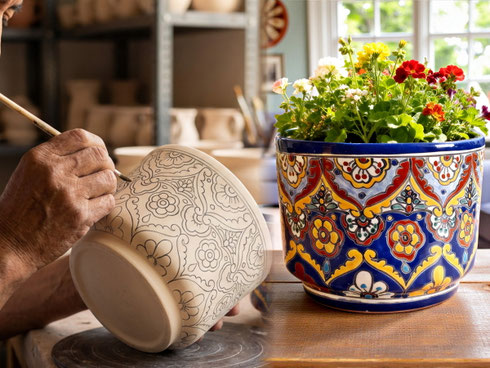 Die Bemalung eines Blumentopfs im mexikanischen Talavera-Stil.