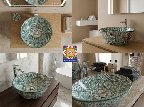 Verschiedene Ansichten des Waschbeckens MEX4 Imperial von Mexambiente im Badezimmer.