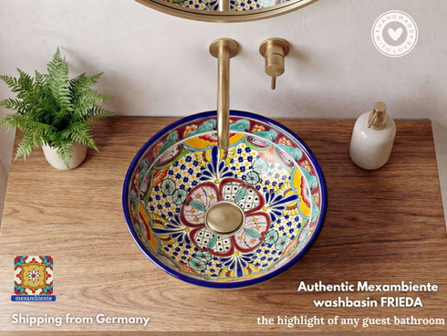 Runde, kleine Talavera-Waschschüssel aus Mexiko, bunt bemalt von Mexambiente.