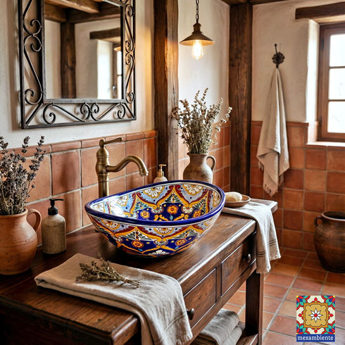 Hacienda Stil Badezimmer mit Mexiko Waschbecken ACAPULCO von Mexambiente