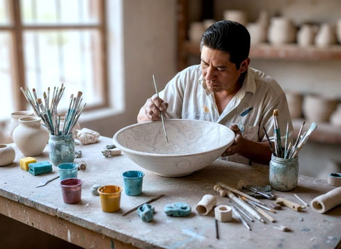 Kunstler bemalt ein Mexikanisches Waschbecken von Mexambiente