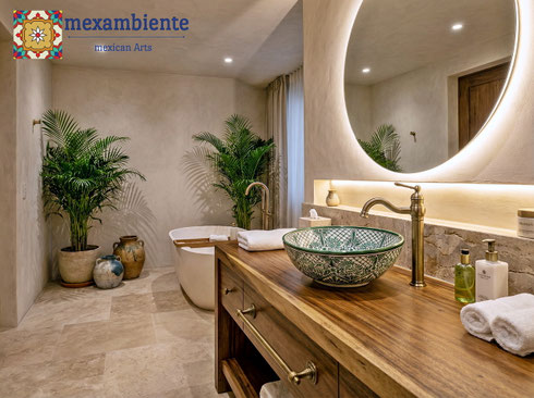 Schönes Badezimmer mit Mexiko Aufsatzwaschbecken IMPERIAL in grün weiß Talavera Muster