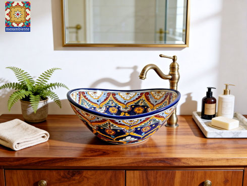 Eleganter Waschtisch mit mexikanischem Waschbecken in ovaler Form und Retro Armatur Mexambiente