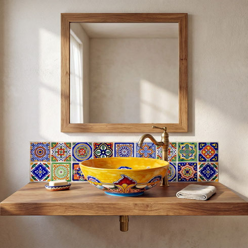 Handbemaltes mexikanisches Talavera Aufsatzwaschbecken in Gelb mit dekorativer Fliesenrückwand, Holzkonsole und Messingarmatur