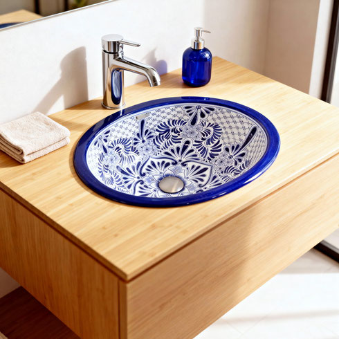 Holzwaschtisch mit Einbauwaschbecken im Talavera-Stil aus Mexiko in Blau-Weiß-Muster