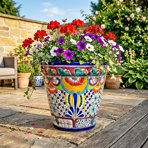 Großer mexikanischer Blumentopf aus Keramik (34 cm) im Talavera Design FRIEDA, handbemalter Pflanztopf für Terrasse oder Garten