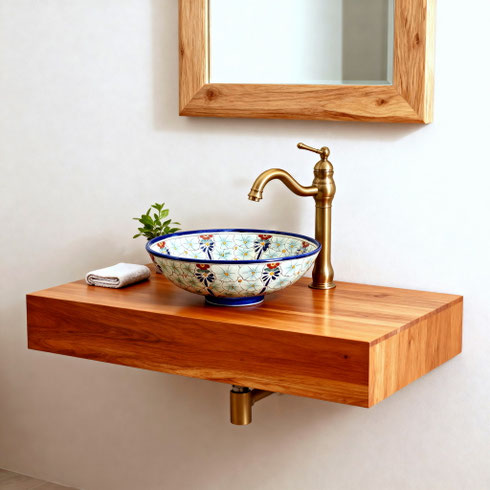 Detaillierte Aufsicht der mexikanischen Waschschale Talavera Pasion, die das feine, handgemalte Blumenmuster in Blau, Grün und Gelb hervorhebt. Perfekt für einen kleinen Waschtisch.