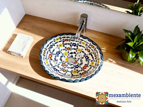 Badezimmer Waschtisch mit Einbauwaschbecken FLORAL mit Blumen aus Talavera Keramik