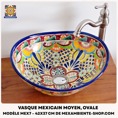 Lavabo mexicain ovale peint à la main, modèle MEX7 – vasque colorée pour salle de bain de Mexambiente
