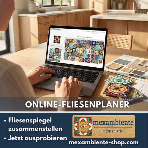 Online-Fliesenplaner von Mexambiente zeigt verschiedene Talavera-Fliesenmuster zur Kombination eines Fliesenspiegels.
