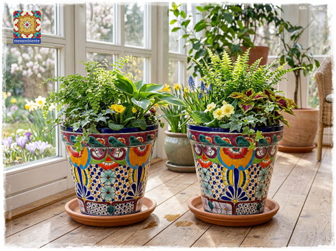 Mexikanische Blumentöpfe aus Keramik (34 cm) im Innenbereich mit Untersetzer, handbemalte Talavera Pflanzgefäße für Wohnzimmer oder Wintergarten