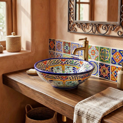 Farbiges mexikanisches Waschbecken MEX3 Caribe und Talavera Fliesen aus Keramik im mediterranen Badezimmer – handbemalt, ideal für Gäste-WC oder Bad